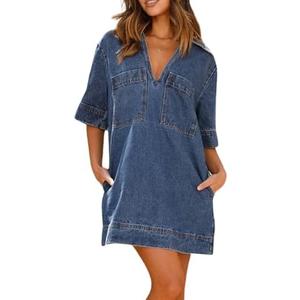 chouyatou Women's Summer Loose Fit V-Neck Sexy Mini Denim Dress Cute Jean Tunic Dress with Pockets Large, Dark Blue