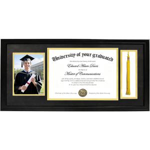 Diploma Frame with Tassel Holder, Fits 8.5x11 Inch Graduation Certificates and 5x7 Inch Photo, 11X22 Inch Black Picture Frame With Gold and Black Mat