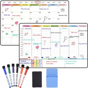 POPRUN Dry Erase Calendar weekly and monthly self adhesive stick on non-magnetic stainless fridge & Glass & Wall & wooden (any smooth surface) Schedule Board with Time Slots for Office and Family (16.5"11")