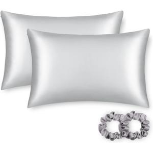 ALASKA BEAR Silk Pillowcase for Hair and Skin, Set of 2 Pure Genuine 22 Momme Mulberry Silk Pillow Cases King Size for Bliss Sleep Better Than Poly Satin, Zipper Closure(2pc, Silver)