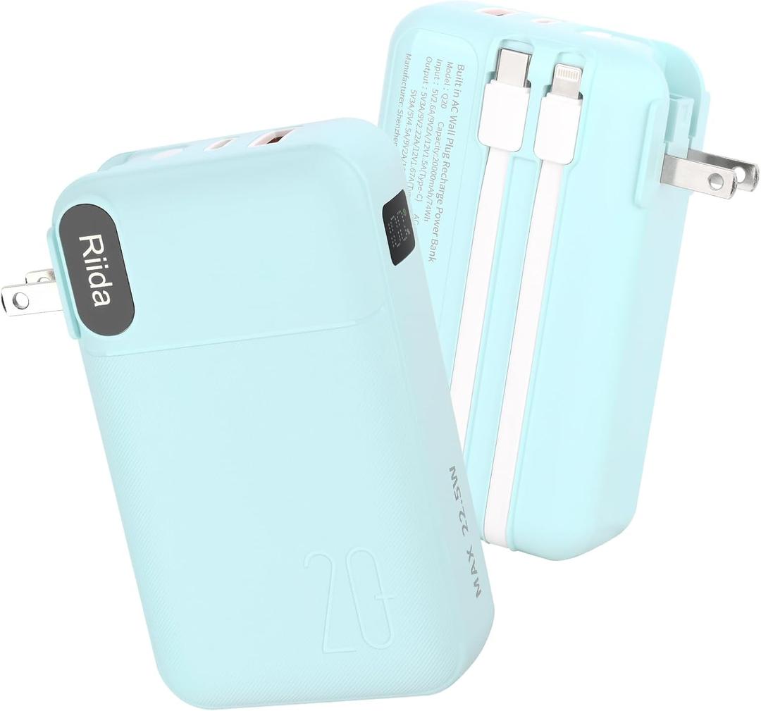 Portable Charger 20000mah with Built in Cables and AC Wall Plug, 22.5W Fast Charging Power Bank with LED display, 4 Outputs 3A Travel Battery Pack for iPhone 16/15/14/13, Samsung, Android, iPad(Green)