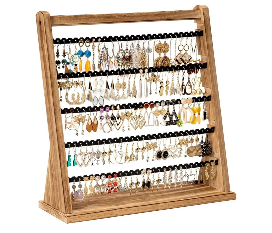 Earring Holder Organizer, Rustic Wood Earring Holder Stand, 5 Layer Jewelry Holder Organizer with 270 Earring Tree Holes Display Rack for Stud Earings & Hoop Earrings, Gifts for Women