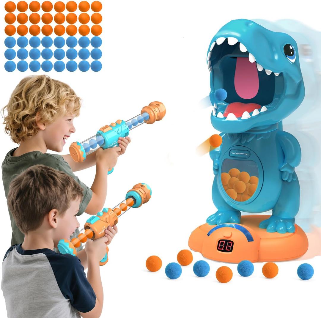 9 EagleStone Movable Dinosaur Shooting Toys for Boys Electronic Target Practice with 2 Air Pump Guns, LCD Score Tracker, Sound Effects & 48 Foam Balls, for Kids 5-9 