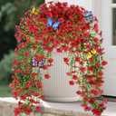 2 Packs Outdoor Artificial Hanging Flowers with 3D Magnetic Butterflies, UV Resistant Faux Silk Blooms for Spring Summer Porch Patio Balcony Decor, Red (With 8 PCS Simulated Butterflies)
