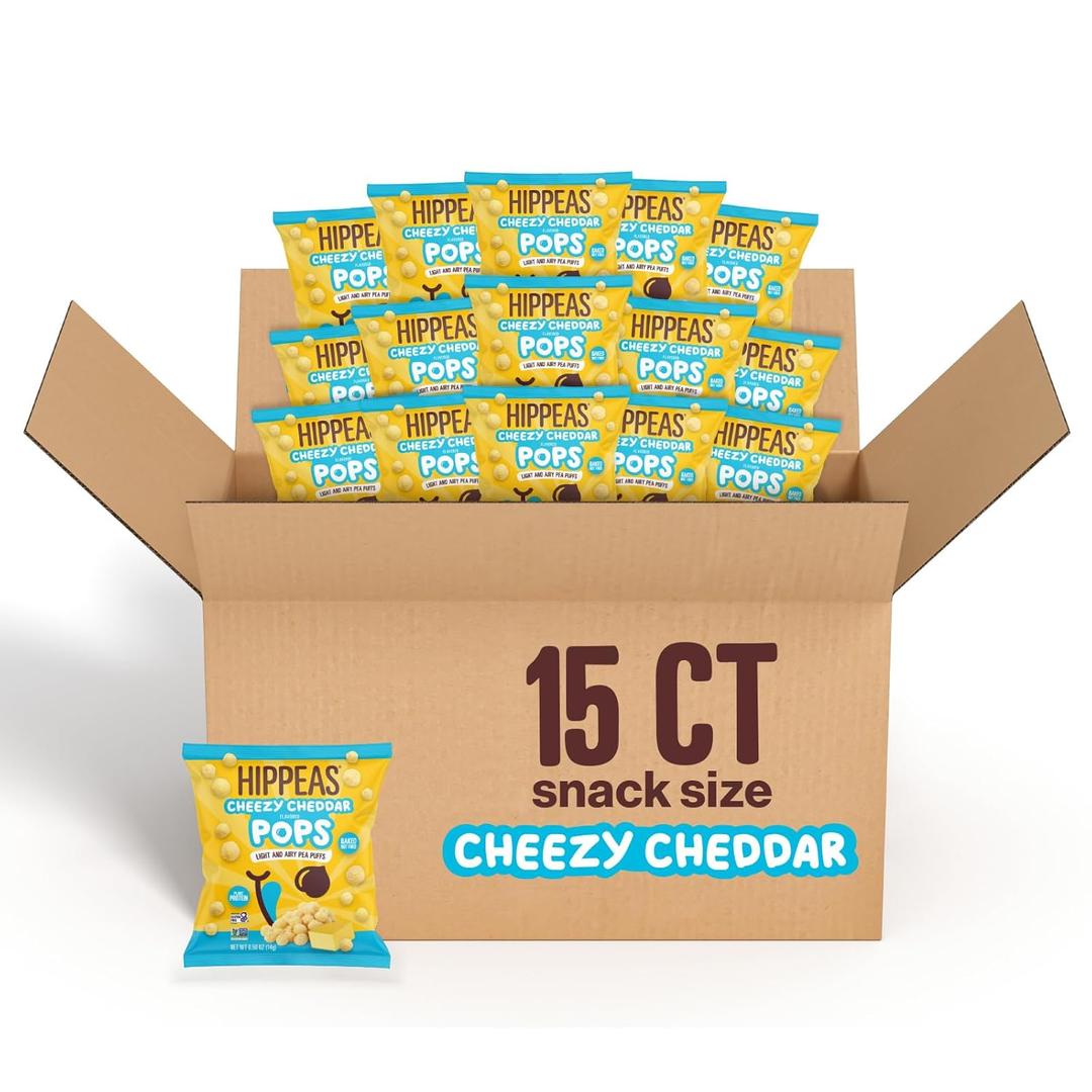 Hippeas Cheezy Cheddar Pops, 0.5 Ounce (Pack of 15), 2g Protein, Fiber, Vegan, Gluten-Free, Crunchy, Plant Protein Snacks, Best By: 03/08/26