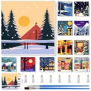 Nezyo 12 Sets Paint by Numbers with Frame for Adult Beginners Canvas, DIY Acrylic Paint by Number Canvas for Painting Party and Classroom Activity and Gift for Birthday, 8 x 8 Inch(Winter)