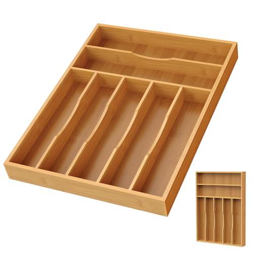 Bayting Bamboo Silverware Organizer, Bamboo Kitchen Drawer Cutlery Organizer, Utensil Holder, Flatware Organizer Tray (15.8"x11.7"x1.6")