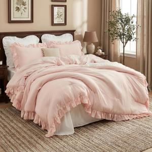 CAROMIO Pink Ruffled Comforter Set Queen Size, 3PCS Soft Washed Microfiber Lightweight & Fluffy All-Season Bedding Comforter with Vintage French Country Style, Pink, 90x90 in