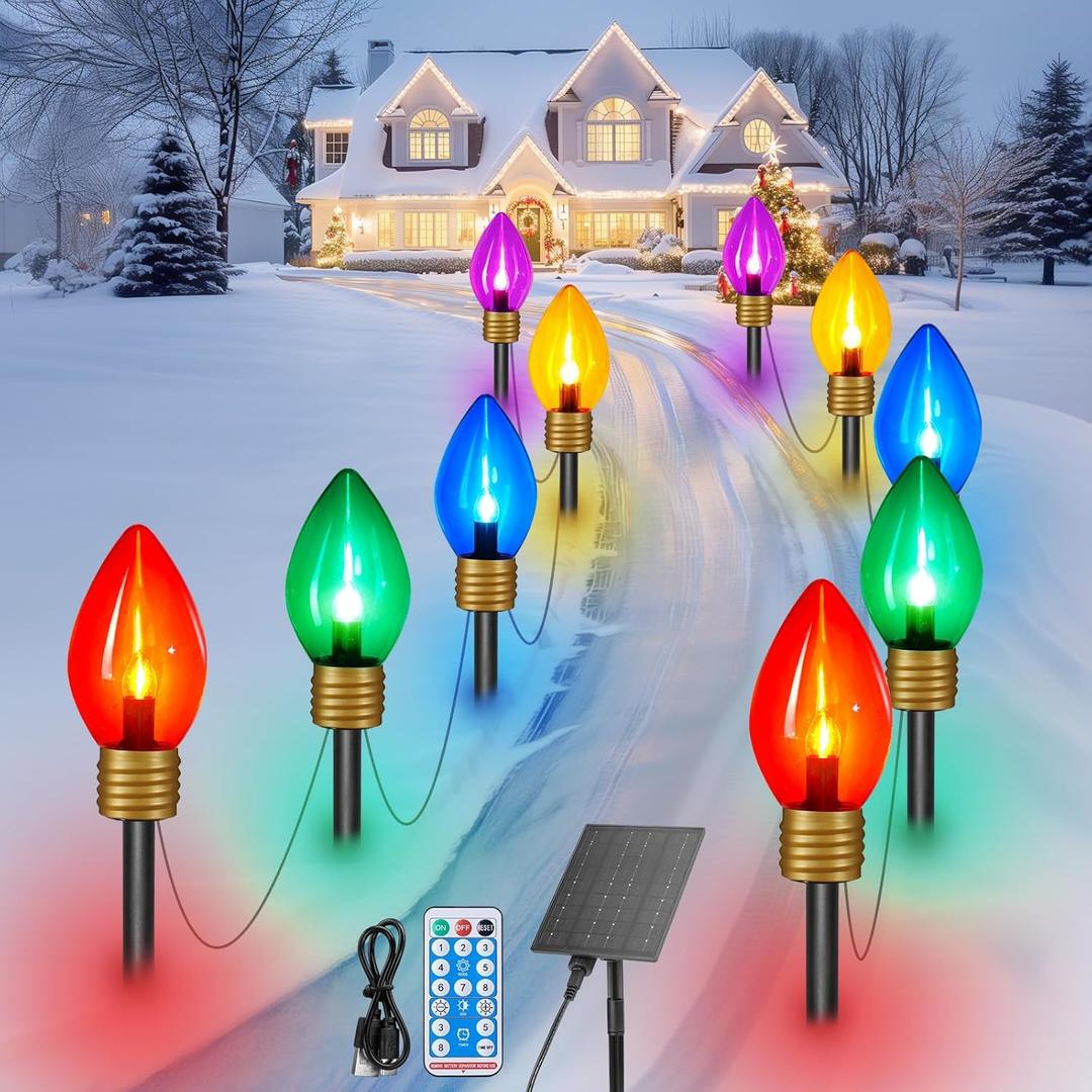 Brightown Solar Jumbo C9 Christmas Lights Outdoor - 18FT 10 LED C9 Christmas Pathway Lights with Remote, Timer,8 Modes, Solar Christmas Outdoor Decorations for Lawn Walkway Outside Holiday, Multicolor