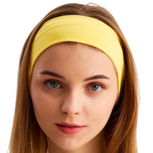 Headbands for Women Men Solid Color Non-Slip for Yoga, Fashion Sports Hair Bands for Men, Women's Hair, Soft Cotton Fabric Stretchy Headbands for Women for Workout Fitness Running (Yellow, 1 Size)
