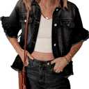 Sidefeel Shackets for Women 2025 Short Sleeve Button Down Ruffle Jean Jackets Casual Washed Denim Jackets Black S