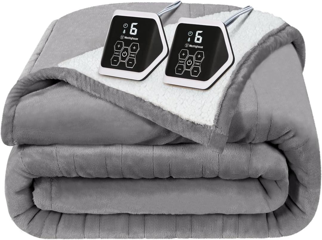Westinghouse Heated Blanket Queen Size, Soft Flannel to Sherpa Electric Blanket with 10 Heating Levels, 12 Hours Auto Off, Fast Heating Blanket, Machine Washable, 84x90 Inch, Light Grey