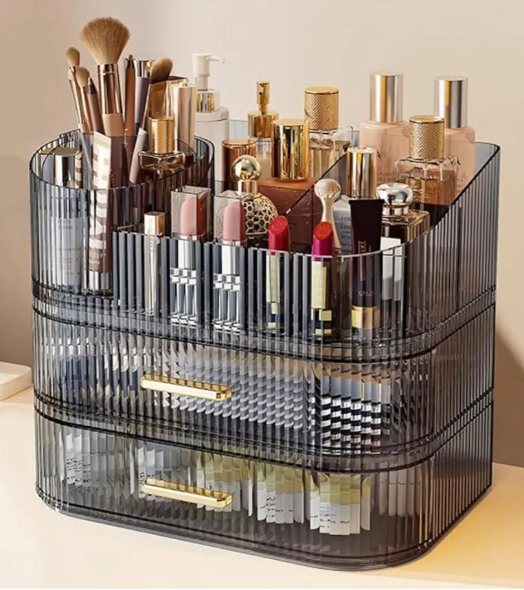Makeup Organizer with Drawers and 360° Rotating Brush Holder, Large Capacity Cosmetic Storage for Vanity, Skincare, Perfume, Hair Accessories, Lipstick & Jewelry (Transparent Gray, 3-layer)