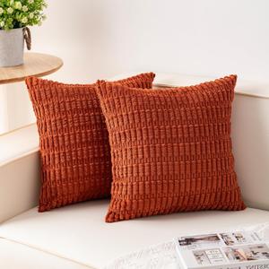 Pack of 2 Corduroy Decorative Throw Pillow Covers 20x20 InchSoft Boho Striped Pillow Covers Modern Farmhouse Home Decor for Sofa Living Room Couch BedRust