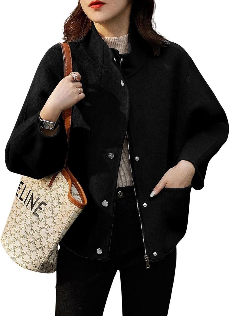 chouyatou Women's Casual Stand Collar Single Breasted Short Wool Pea Coat Overcoat with Pockets (Medium, Black)