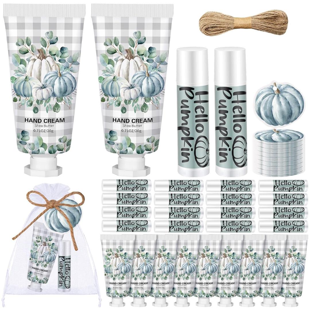 144 Pcs Fall Pumpkin Lip Balm Hand Cream Set Party Favors, Include 36 Blue Pumpkin Lip Balm 36 Moisturizing Hand Cream 36 Bags 36 Cards and Ropes for Autumn Accessories Gifts