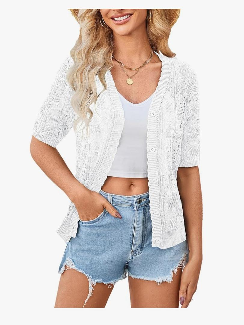 Yekaty Womens 2025 Short Sleeve Crochet Summer Cardigan Cropped Button Sweater Lightweight Shrug for Dress S