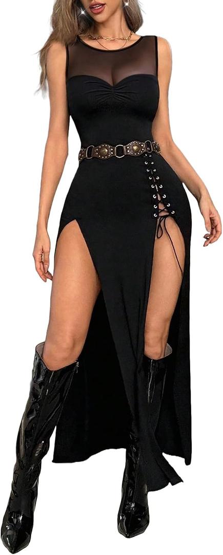 GothDark Womens Sexy Bodycon High Slit Dress Mesh Detail Gothic Y2K Midi Dress Formal Club Party Outfit Halloween Dresses (Black, XL)