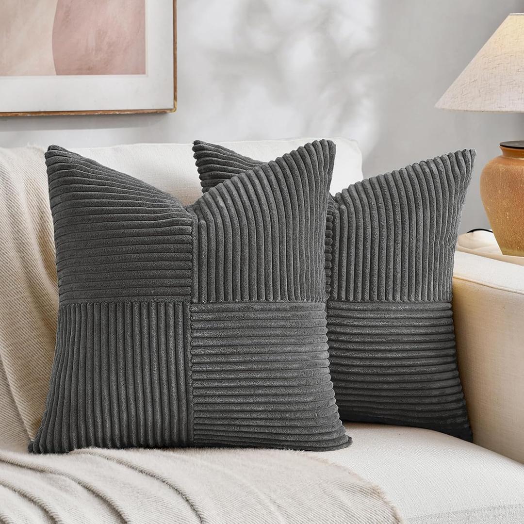 Fancy Homi 2 Packs Dark Gray Decorative Throw Pillow Covers 18x18 Inch for Living Room Couch Sofa, Rustic Farmhouse Boho Home Decor, Soft Corss Corduroy Patchwork Textured Square Cushion Case 45x45 cm