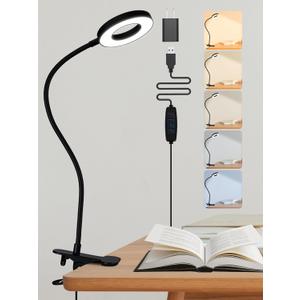 Clip on Lamp,5 Colors+10 Brightness LED Desk Lamp with Clamp,550lm Bright Clip on Light for Bed Headboard/Bedside Table,360Adjustable Reading Light for Bed,Desk Lights for Home Office Study [Adapter]