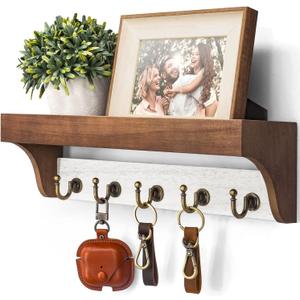 Rebee Vision Key Holder for Wall with Shelf - Farmhouse 2-Color Key Rack with 5 Retro Keys Hooks and Primitive Wood Mail Organizer Wall Mount - Decorative Rustic Home Decor (Brown & White)