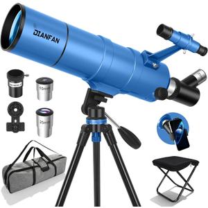 Dianfan Telescope for Kids & Adults, 90mm Aperture 550mm Astronomical Professional Telescope for Adults High Powered, Portable Travel Telescopes for Beginners with Tripod & Adapter, Bag, Folding Stool