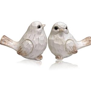 KiaoTime Farmhouse Bird Decor Resin Bird Figurines - Set of 2, Vintage & Modern Bird Decor Statue for Home Decor Accents, Cottage Bird Ornaments Decoration New White Carved Rustic Bird Figurine