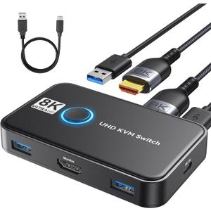KVM Switch 1 Monitors 2 Computers Viagkiki USB Switch for 2 Computers Share Keyboard Mouse Printer and one HD Monitor Support UHD 8K@60Hz with 2 USB Cable and 2 HDMI Cable (Black)