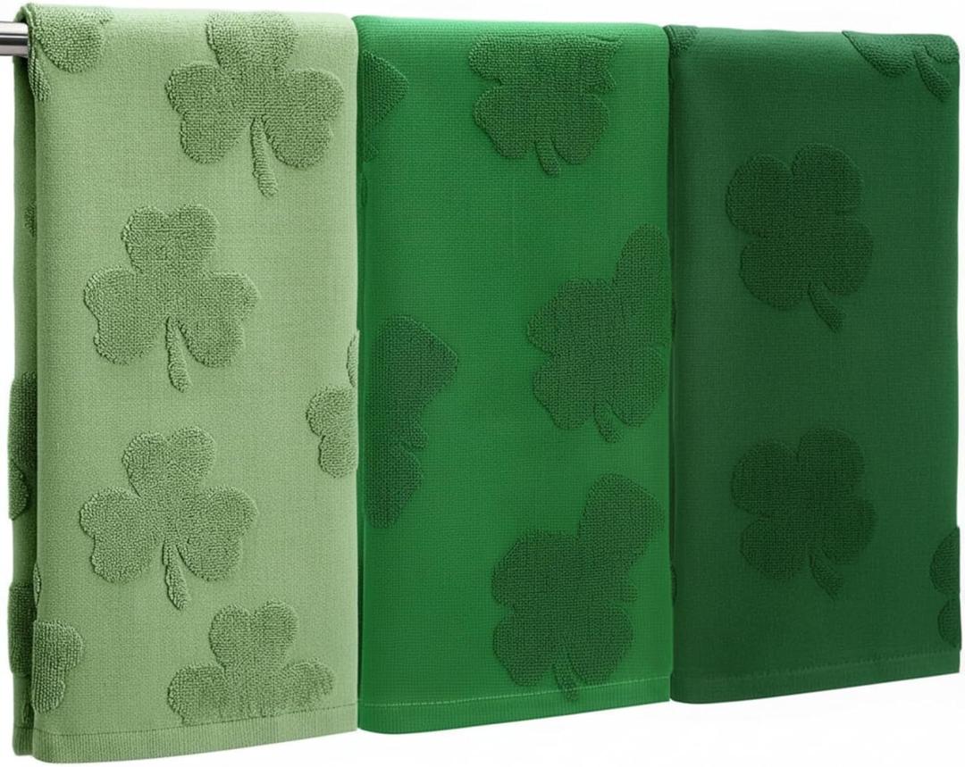 3 Pcs St. Patrick's Day Shamrock Hand Towels Cotton Absorbent Jacquard Green Shamrock Kitchen Towel 3D Seasonal Clover Decor Towels for Bathroom Gift Drying Cleaning Cooking, 14" x 29"