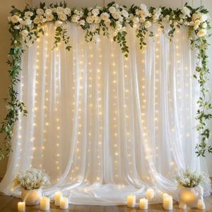 10x10ft White Tulle Backdrop Curtains with Lights String for Parties,Wrinkle Free Sheer Curtain with Lights Wedding Photo Backdop Drapes for Baby Shower Birthday Party Photography Home Decorations (2 Panels(5*10FT))