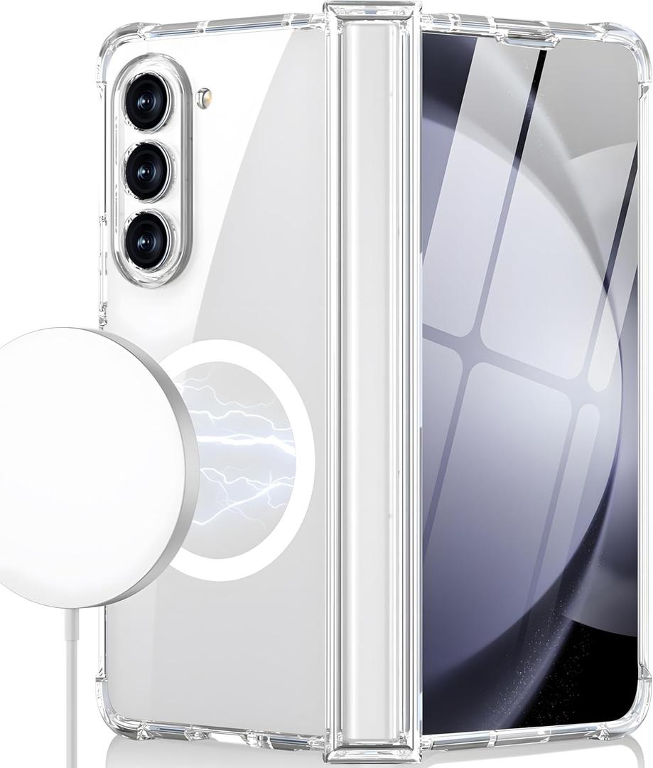 Clear Magnetic Case for Samsung Galaxy Z Fold 5 with Hinge Protection [Built-in Screen Protector][Compatible with MagSafe] 2 in 1 Slim Shockproof Mag-Safe Phone Case Full Protection Z Fold 5 Cover