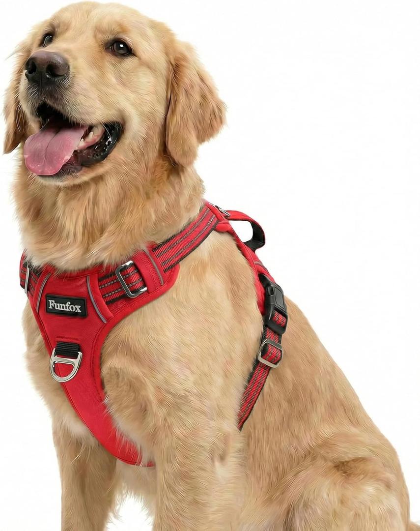 Funfox Dog Harness No Pull, Adjustable Pet Vest Harness, Super Soft Material with Vertical Handle Easy Control, Reflective Night Walking, 2 Leash Clips for Large Dogs, Red, L