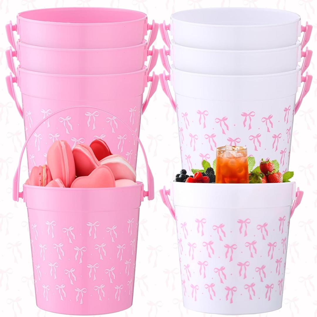 6pcs Pink Bow Party Supplies 32oz Pink Bow Cocktail Rum Buckets for Drinks Coquette Birthday Party Supplies Plastic Candy Snack Goodie Ice Bucket with Handle for Bachelorette Engagement