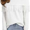 EVALESS Womens Off The Shoulder Sweater Fall Fringe Long Sleeve Loose Pullover Sweaters Tops (White, XL)