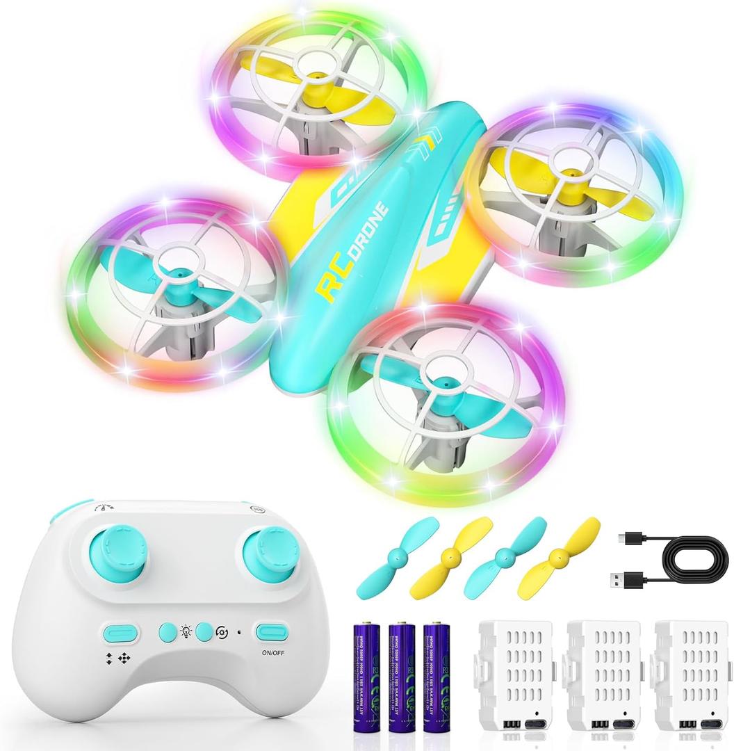 LED RC Drone for Kids 6+, Christmas Birthday Gift for Boys & Girls with Remote Batteries, 360 Flips, 3 Speed Modes, 45 Min Flight Indoor and Outdoor Flying Toy - Blue Yellow