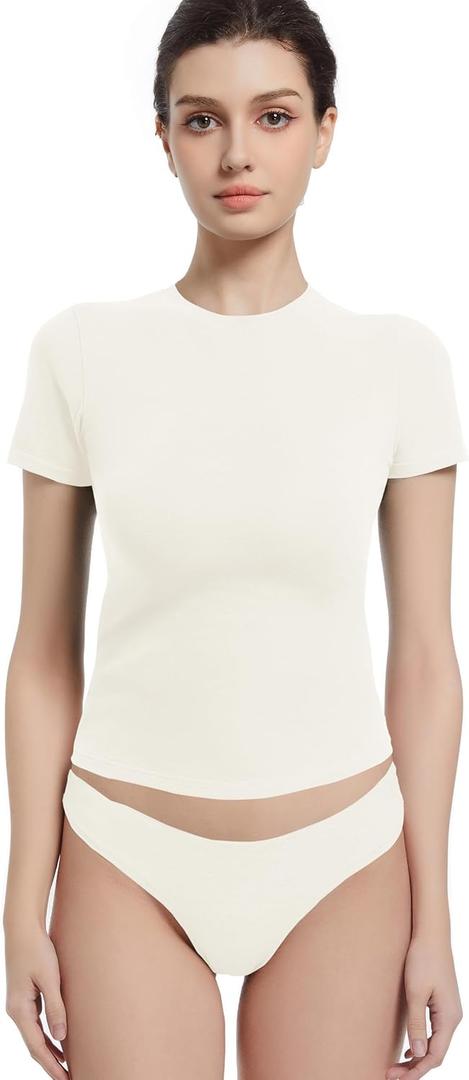 Abonlen Crewneck Short Sleeve T Shirts for Women Fitted Basic TeesY2k Going Out Tops Cream Medium