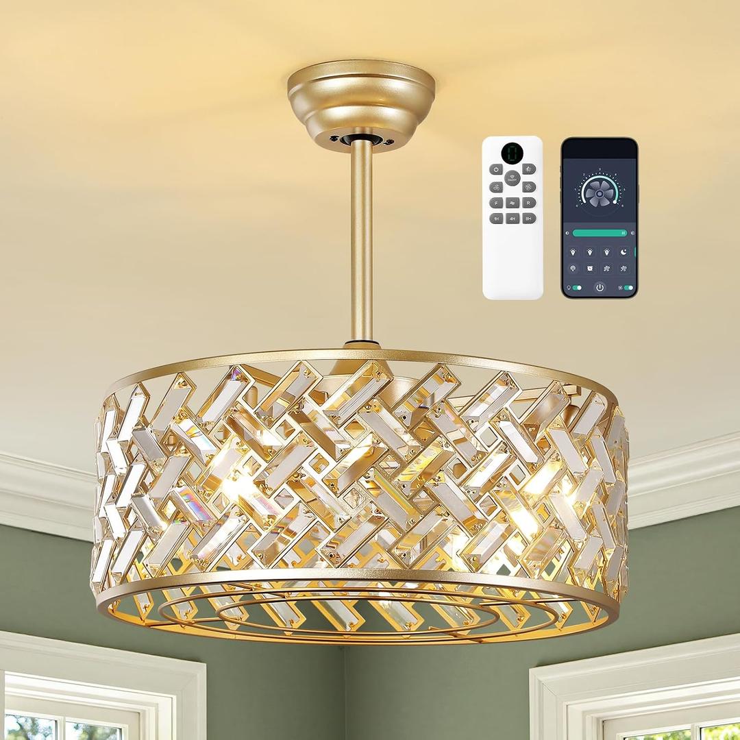 Crystal Caged Ceiling Fan Light: 20'' Gold Fandelier Ceiling Fan Light Modern with APP Control/Remote/6 Speed/Timer Semi Flush Mount Chandelier for Bedroom Living Dining Room Kitchen Nursery, E12 Base