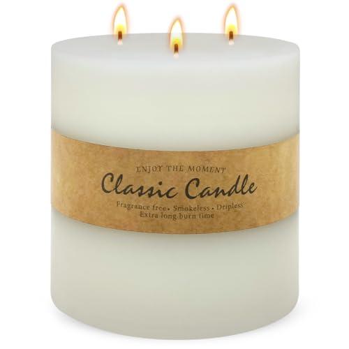 Large 3-Wick Ivory Pillar Candle - 6x6 Inch Dripless & Smokeless Unscented Fat Candle, 120 Hour Long Burning Hand-Poured Thick Candle with Cotton Wicks