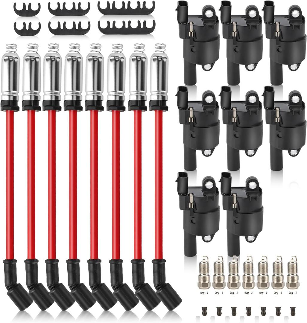 UF414 Ignition Coils Pack & Double Iridium Spark Plugs & 10.2MM Spark Plug Wires for Chevy Avalanche Express Tahoe Silverado Suburban 1500 2500 3500/GMC Savana Sierra Yukon/Cadillac Escalade