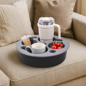 Round Couch Cup Holder Tray, Upgraded Capacity Silicone Couch Caddy for Remote Control Glasses Snacks Cell Phones, Stable Non-Spill Bedside Drink Holder for Elderly, Parents (Black-Gray)