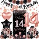 Rose Gold 14th Birthday Decorations - Happy Birthday Banner, Backdrop, Balloons, Pompoms & Star Streamers