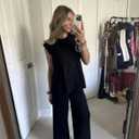 Lviefent Womens 2 Piece Outfits Knit Matching Set Sleeveless Side Slit Pullover Sweater Top Wide Leg Pants Sets (Black-M)