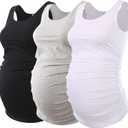 Ecavus 3PCS Womens Layering Maternity Tank Top Pregnancy Shirt Scoop Neck Sleeveless Ruched Vest (XL)