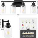 4-Light Bathroom Vanity Light, Modern Matte Black Wall Sconce Lighting with Clear Glass Shade, Bathroom Lighting Fixtures Over Mirror,Vintage Wall Mounted Lamps for Mirror Bedroom,Living Room