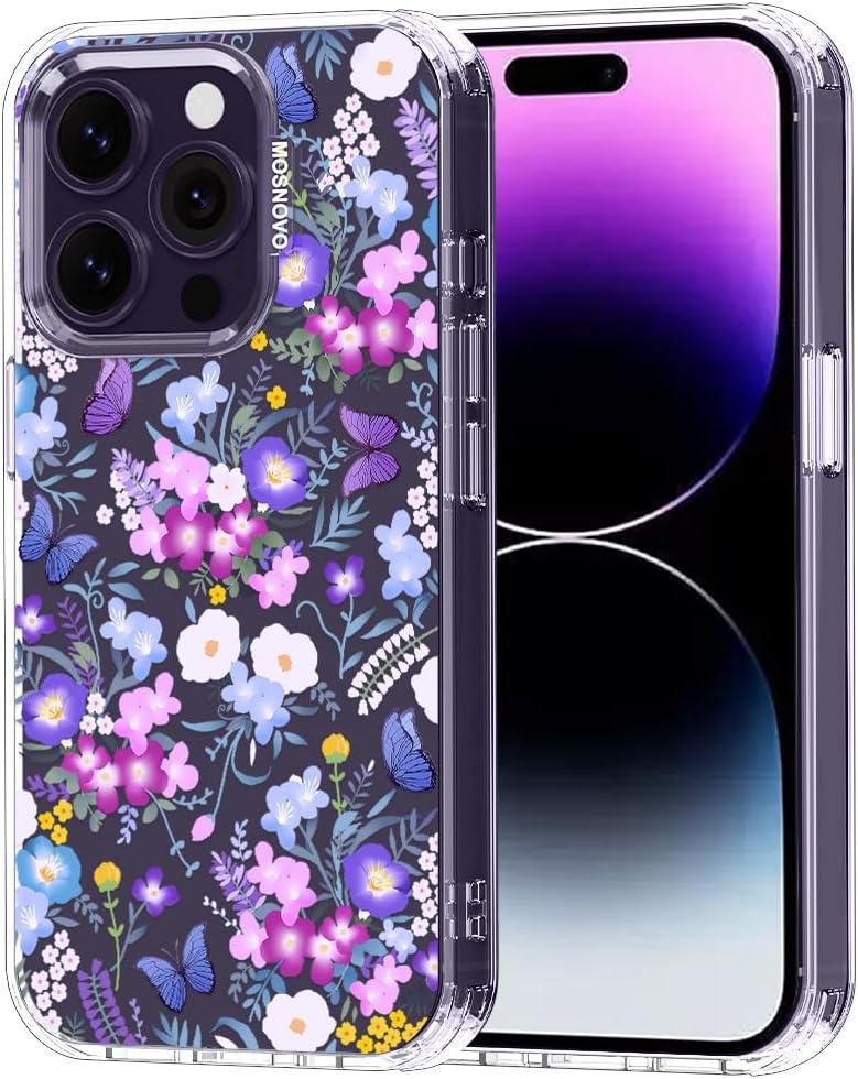 MOSNOVO Case for iPhone 14 Pro, [Buffertech 6.6ft Military-Grade Drop Protection] [Anti Peel Off Tech] Clear TPU Bumper Phone Case Cover Design - Purple Peri Nemophila Flower