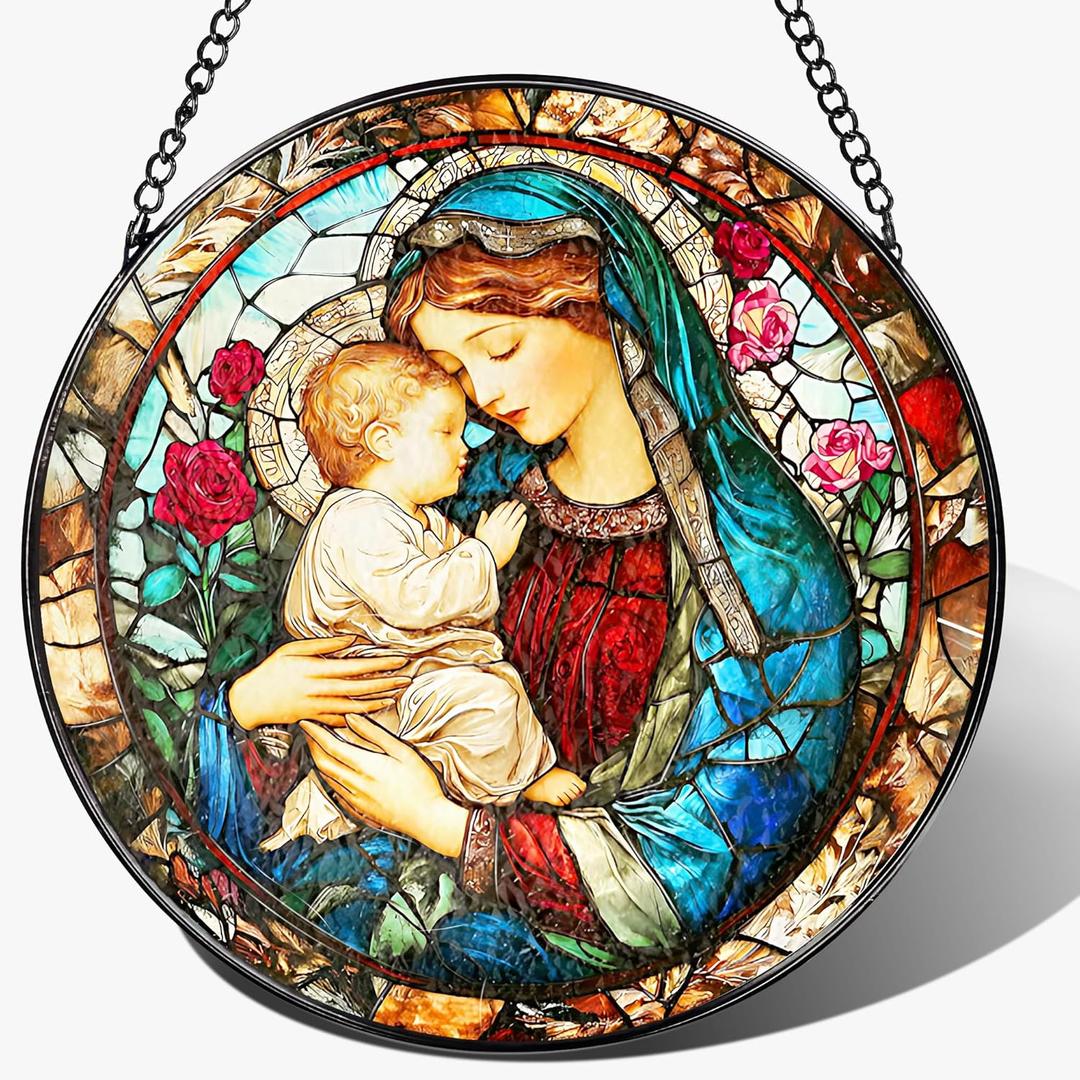 8 Inch Virgin Mary Stained Glass Suncatcher, Stained Glass Window Hanging, Christian Window Hanging Decor, Suncatchers for Windows Door Home Decor and Christmas, Christian Gift, Religious Gift