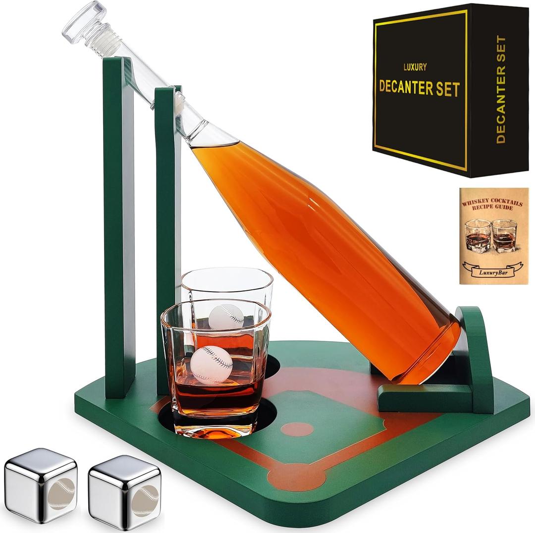 LuxuryBar Baseball Whiskey Decanter Set, 25.4oz Whiskey Decanter Sets for Men with 2 Chillers 2 8.5oz Glasses &Tray,Baseball Gifts Liquor Dispenser Tequila Alcohol Bourbon Gifts for Men Dad