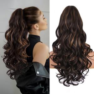 24 Inch Ponytail Extension, Layered Ponytail Extensions for Women, Soft Wavy Claw Clip in Ponytail Extension, Natural Synthetic Hair Pieces for Women (Color: Dark Brown with Honey Blonde Highlights)