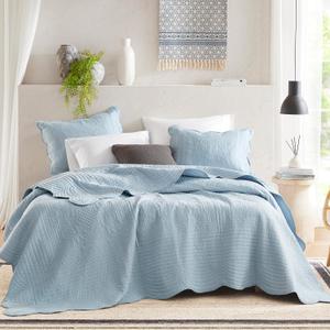 Madison Park Queen Quilt Set Damask Coverlet Set for Queen Size Bed, Cottage Oversized Quilt Set, Scallop Edge, All Season, Pre-Washed Cotton-Filled Queen Size Quilt, Tuscany, Full/Queen Blue 3 Piece