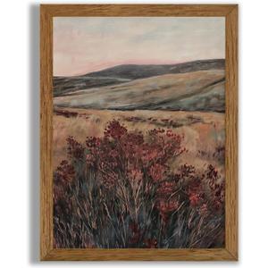 JLTULT Framed Vintage Landscape Canvas Wall Art, Maroon Flower Scenery Paintings Wall Decor, Maroon Dark Wildflower Picture Art Prints for Living Room Bedroom Office Decoration 8x10 inch Easy to Hang